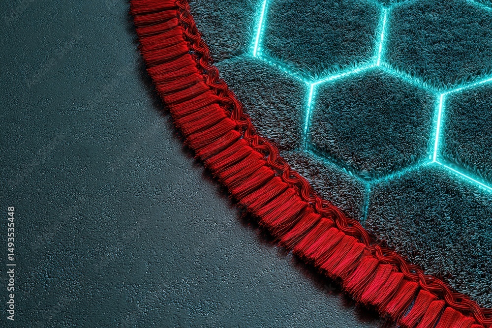 Aufkleber Modern geometric rug with hexagonal patterns and vibrant red fringes on a dark floor backdrop
