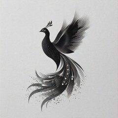 Ethereal monochrome peacock rising, artful depiction of avian beauty and grace