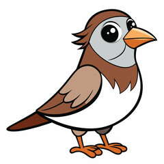 Cartoon sparrow standing, showcasing brown plumage, grey cheeks, large eyes, and orange beak