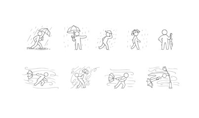 Doodle weather icons with wind and rain. Sketch of man with umbrella in storm, set of windsocks, character in rainy weather and outline swirls of strong wind, vector hand drawn illustration