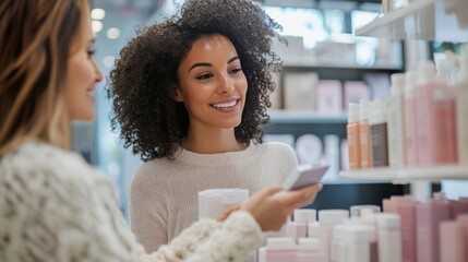 Black woman smiles while looking at beauty product packaging inside a store