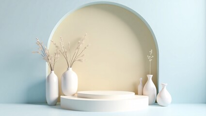 Fototapeta premium Minimalist 3D Render of Product Display Podium with Pampas Grass and Ceramic Vases in Soft Pastel Interior