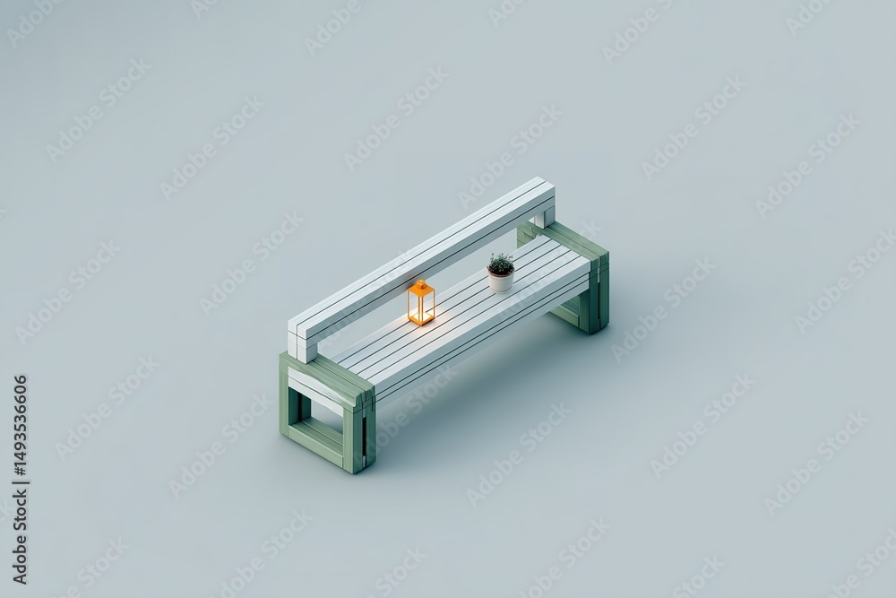 Poster simple wooden bench with a lantern and small plant placed on it in a minimal setting