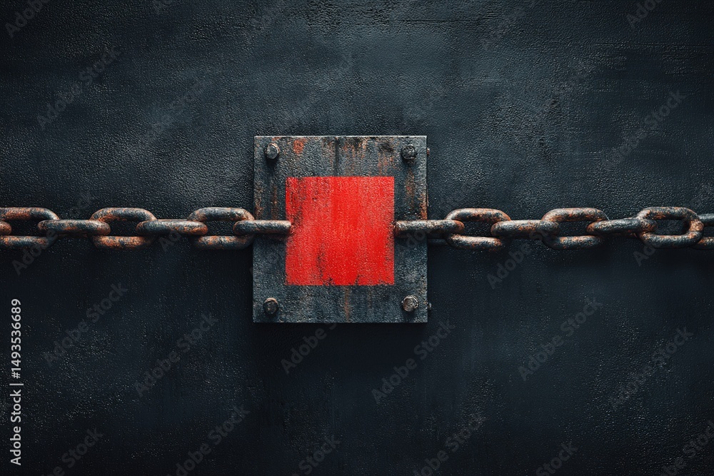 Poster rusty chain with bold red square plate attached against a dark textured background creates a strikin