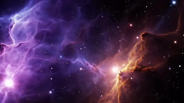 A mesmerizing, slow-moving cosmic nebula animation in deep space, with vibrant purples, electric blues, and fiery orange hues.