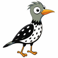 A cartoon bird stands, featuring gray head and black and white spotted body