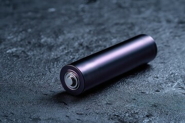 Battery resting on a textured dark surface with subtle reflections and shadows in a minimalistic setting