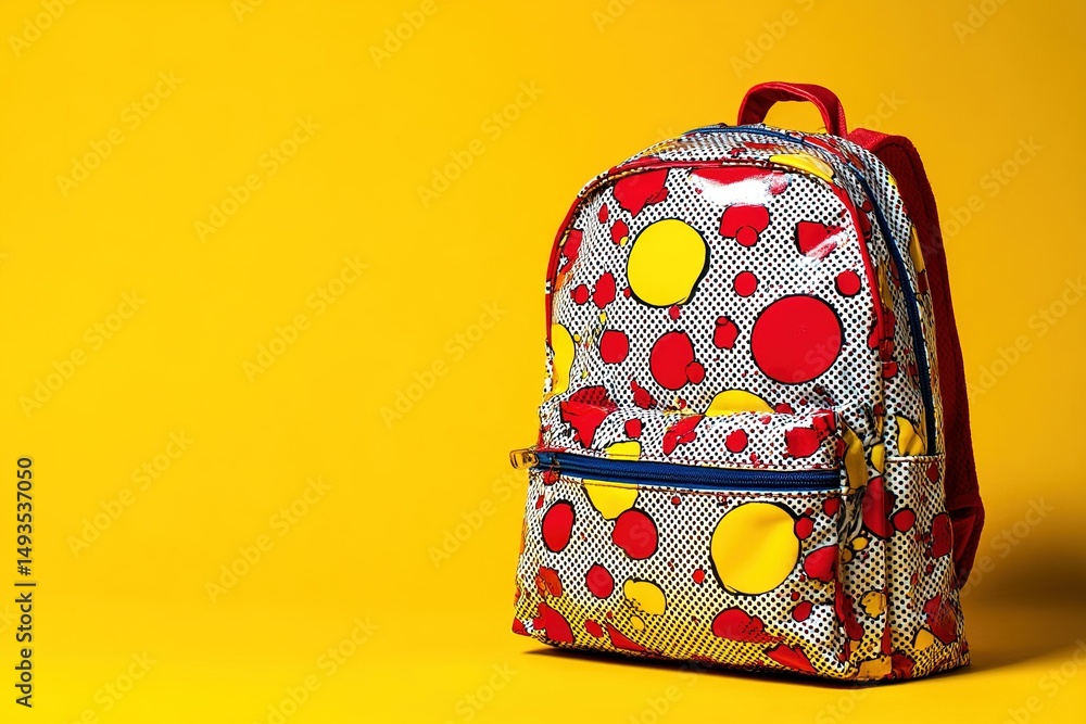 Poster backpack with colorful dots against a bright yellow background captured in a studio setting