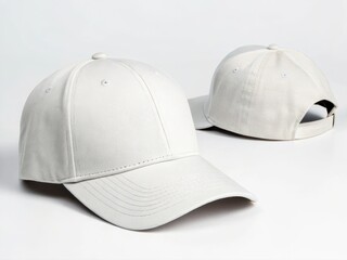 Fototapeta premium Baseball Cap Mockup. Two white baseball caps displayed from different angles on a neutral background.