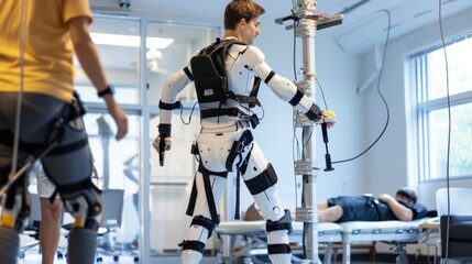 A high-resolution image of an advanced robotic exoskeleton being used in a rehabilitation center, highlighting the device's design and the seamless integration with the human form for assistance and t