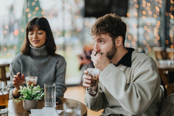 A moment of two friends sharing drinks and conversation in a cozy cafe. The warmly lit space offers an intimate atmosphere, perfect for relaxation and connecting with loved ones during any season.