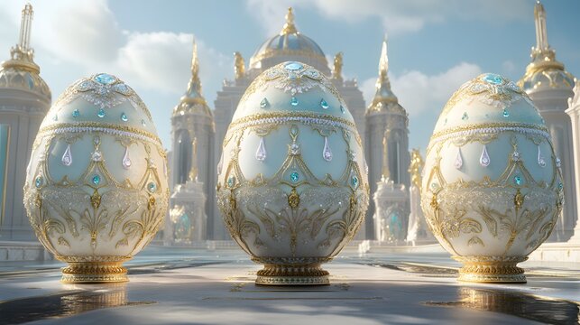 Ornate eggs displayed before a magnificent structure.