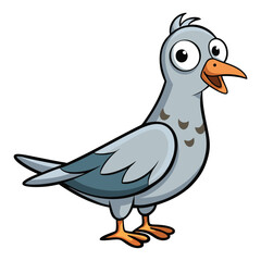 Cartoon pigeon happily stands with its mouth open, with a detailed black outline and feather