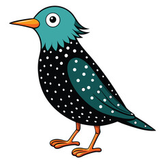 Cartoon starling with blue feathers and orange beak is standing isolated on white
