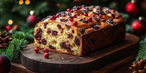 Festive cranberry bread, baked to perfection, sits on a rustic wooden board.  It's garnished with sugared cranberries