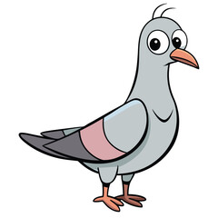 Cartoon pigeon with large eyes stands looking forward in a playful manner