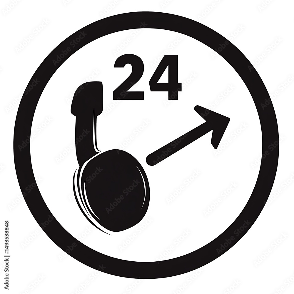 Poster always available: 24/7 service symbol featuring a phone handset and arrow inside a circle, represent