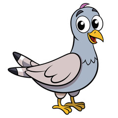 Cartoon pigeon standing with large eyes and smiling, showing happiness and joy