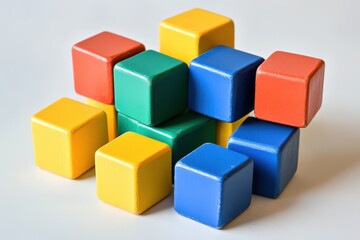 Obraz premium Colorful Tower of Stacked Blocks on a Studio Table - Playful Childhood Arrangement against a White Background