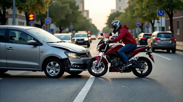Motorcycle collision with car at busy intersection during evening rush hour