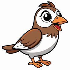 Adorable brown sparrow sings merrily with open beak and bright eyes looks friendly