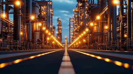 Fototapeta premium evening-lit refinery entrance with symmetric fencing, clean access road, low contrast shadows, industrial calm, high texture detail