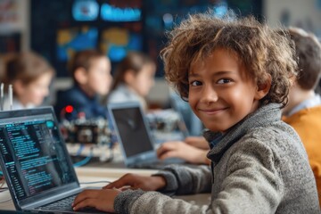 A joyful boy works on coding tasks using his laptop, surrounded by peers engaged in similar tech activities during a programming workshop in an educational setting