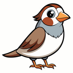 Cartoon sparrow stands with its orange beak and feet visible on a white background