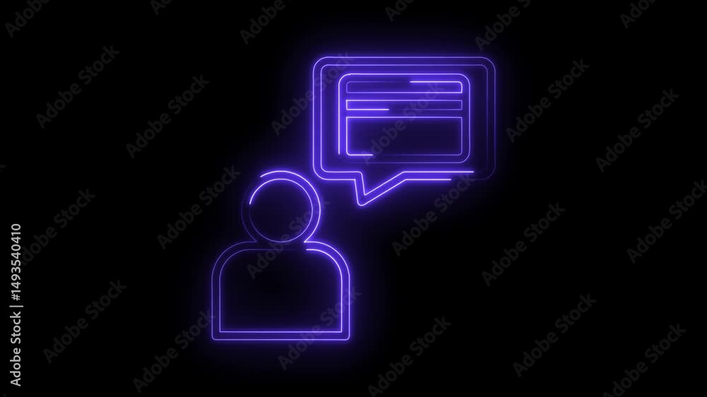 Poster neon person communicating with chat message box on dark background in seamless loop