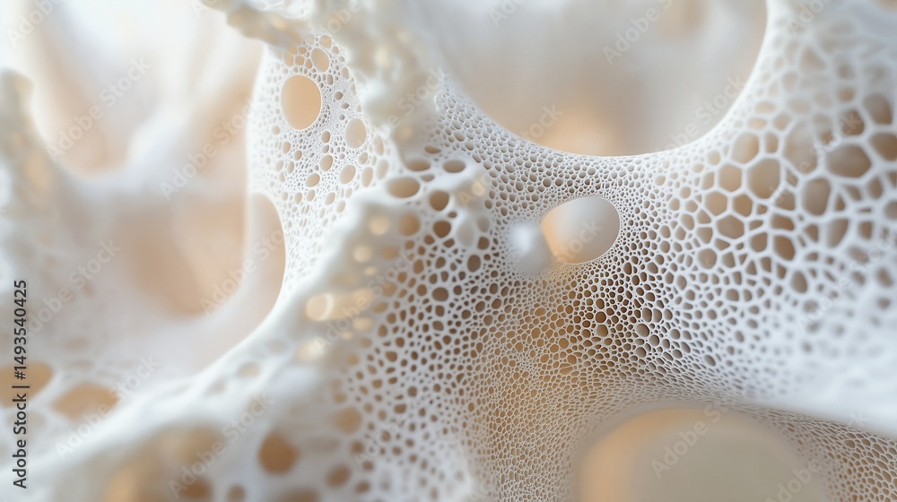 Poster close-up 3d abstraction of a porous organic structure with intricate, lace-like networks, resembling