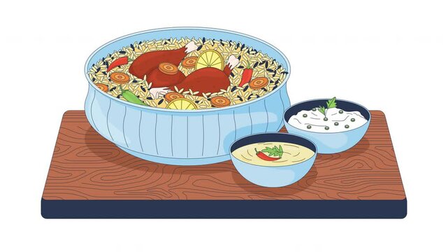 Chicken biryani with raita and shorba cartoon animation. Basmati rice bowl with drumsticks. Pakistani cuisine. Authentic food animated flat 2D composition 4K video isolated on white, still life