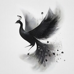 Elegant monochrome phoenix illustration with ethereal feathered details and dots