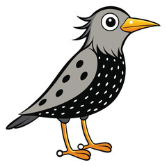 A cute cartoon starling with gray and black feathers stands cheerfully on its orange feet