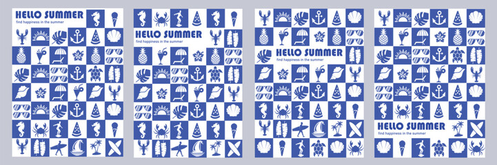 Summer seamless blue poster set featuring tropical icons like sunglasses, pineapples, shells, surfboards, anchors, and cocktails. Perfect for beach party decor, vacation themes, or summer backgrounds.