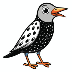 Cartoon starling bird is standing and appears to be calling out loudly on a white background
