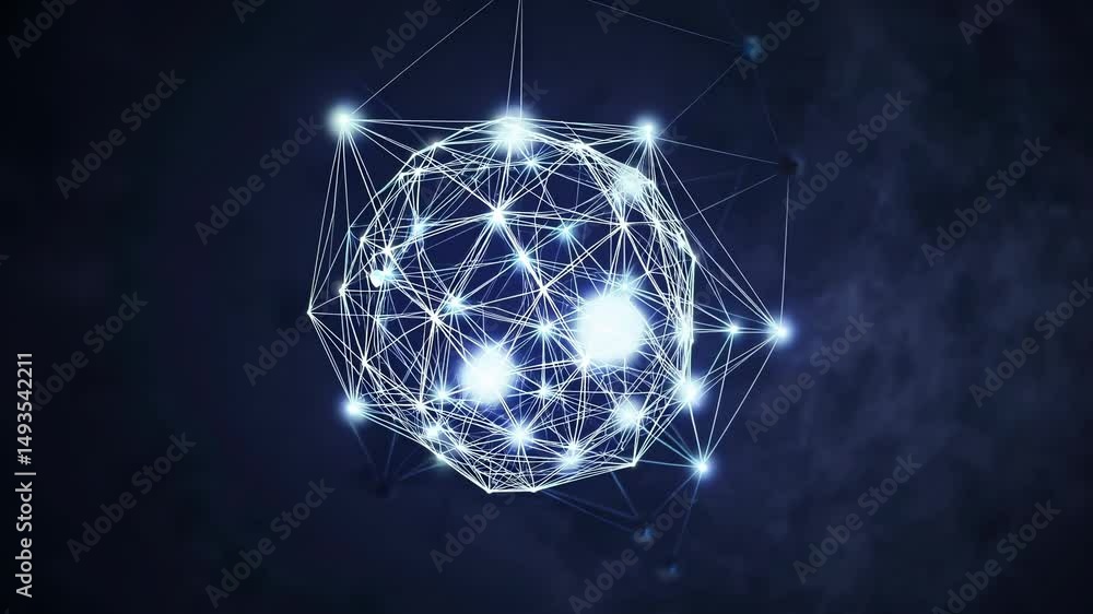 Poster rotating digital sphere connecting glowing network nodes pulsing against dark backdrop