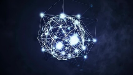Rotating digital sphere connecting glowing network nodes pulsing against dark backdrop - Powered by Adobe