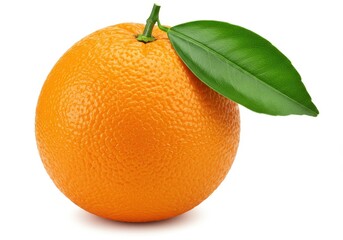 Fresh orange with green leaf isolated on white background, vibrant color