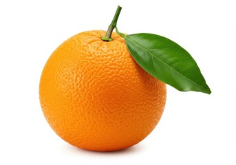 Orange with green leaf isolated on white background, vibrant color