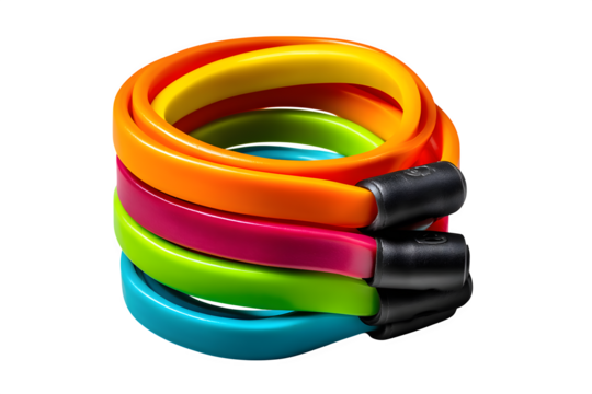 Ultra HD 360-degree rotation of colorful resistance bands with ergonomic grips, isolated on transparent background