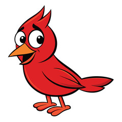 A cheerful cartoon cardinal with big eyes looks happy and welcomes everyone to come