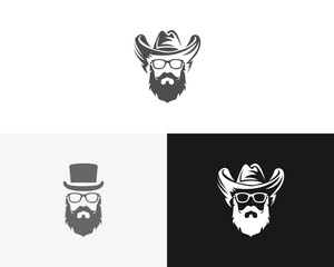 Bearded man in cowboy hat and top hat vector template collection