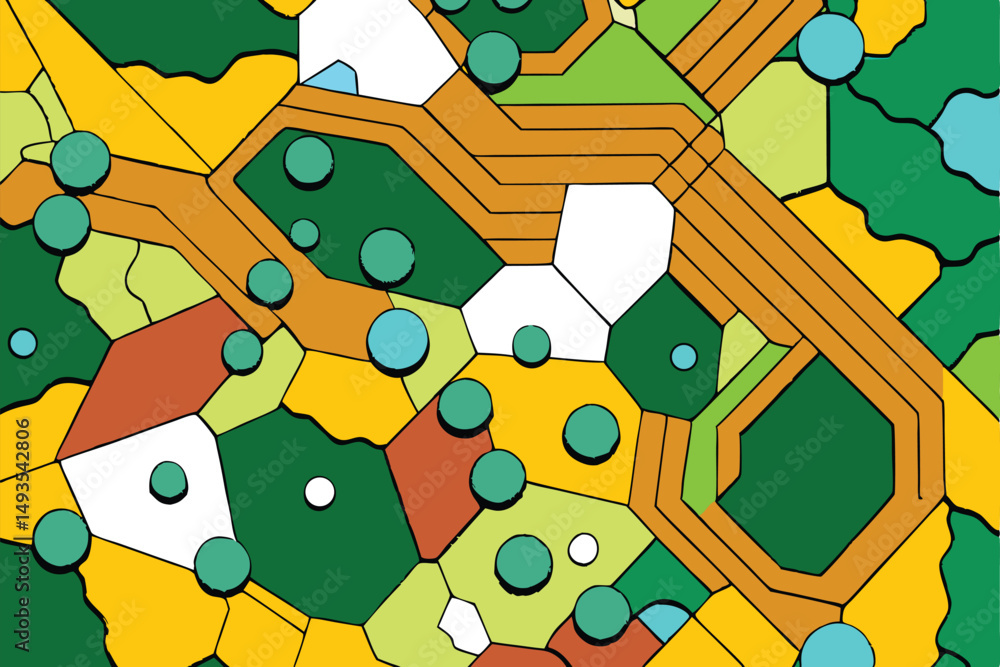 Poster abstract geometric circuit board design with overlapping shapes and a variety of colors.