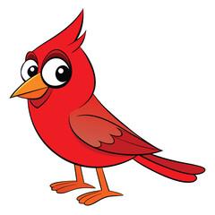 Cartoon red cardinal bird with big eyes stands alert on a white background
