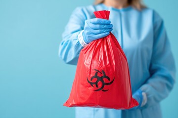 A medical worker in protective clothing holds a red bag marked with a biohazard symbol, highlighting the importance of proper waste disposal in healthcare settings