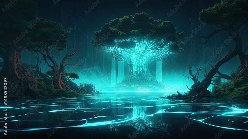 Poster neon-lit tree in a mystical jungle with glowing light and vibrant reflections