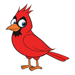 A cartoon red cardinal bird stands with bright blue eyes looking friendly