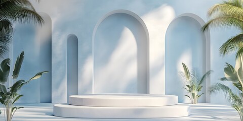 Light-blue, arched, minimalist display podium with tropical plants.
