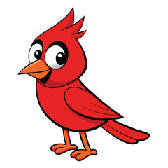A cute cartoon cardinal stands smiling with bright red feathers on a white backdrop