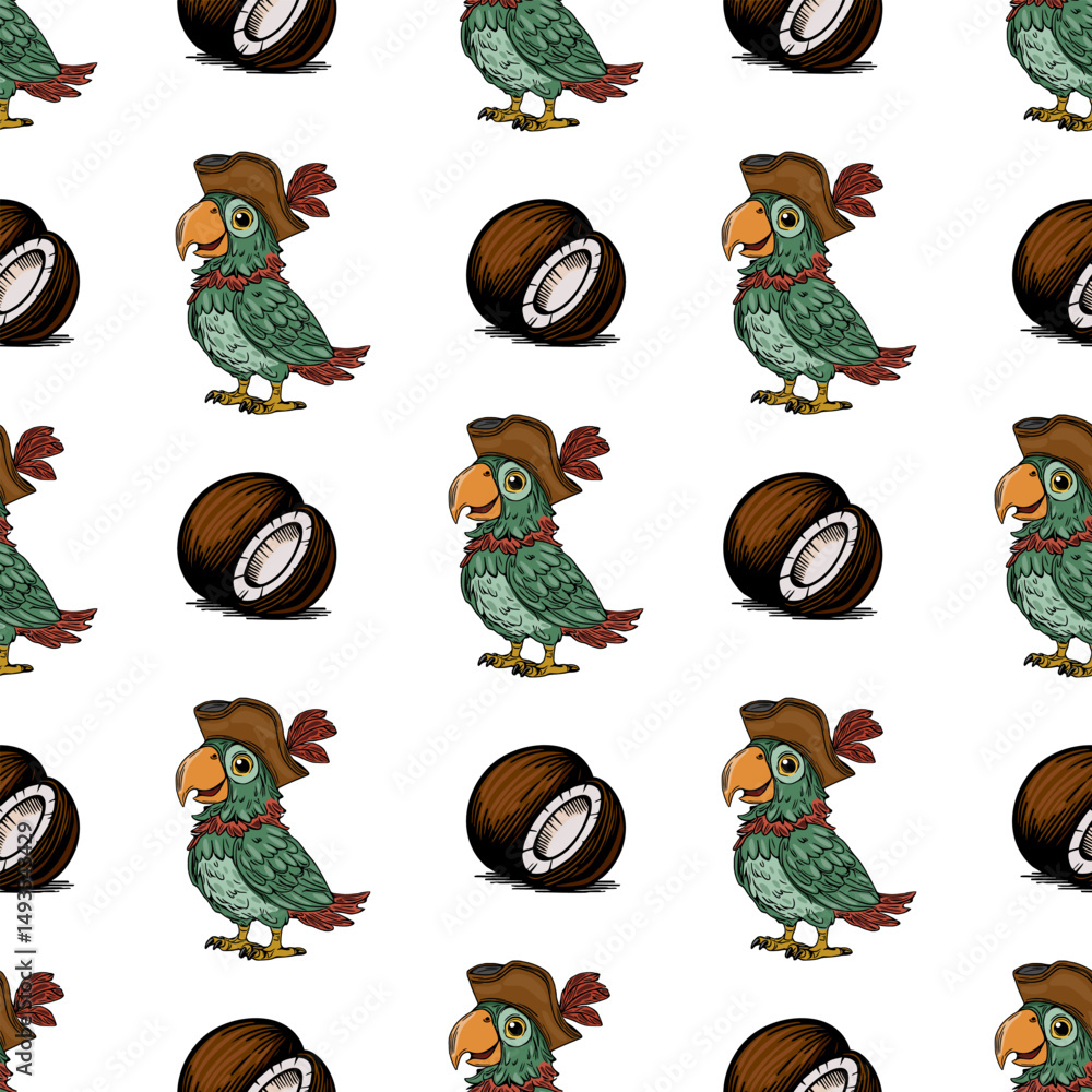 Aufkleber seamless vector pattern featuring adorable pirate parrots in tricorn hats and halved coconuts, creat